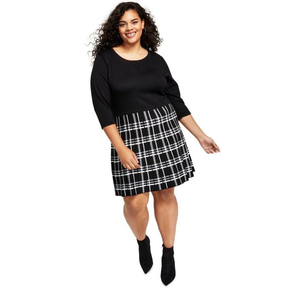 BCX Dresses & Skirts - NWT BCX Trendy Plus Size Plaid Fit & Flare Sweater Dress 1235U21 2X Black Plaid